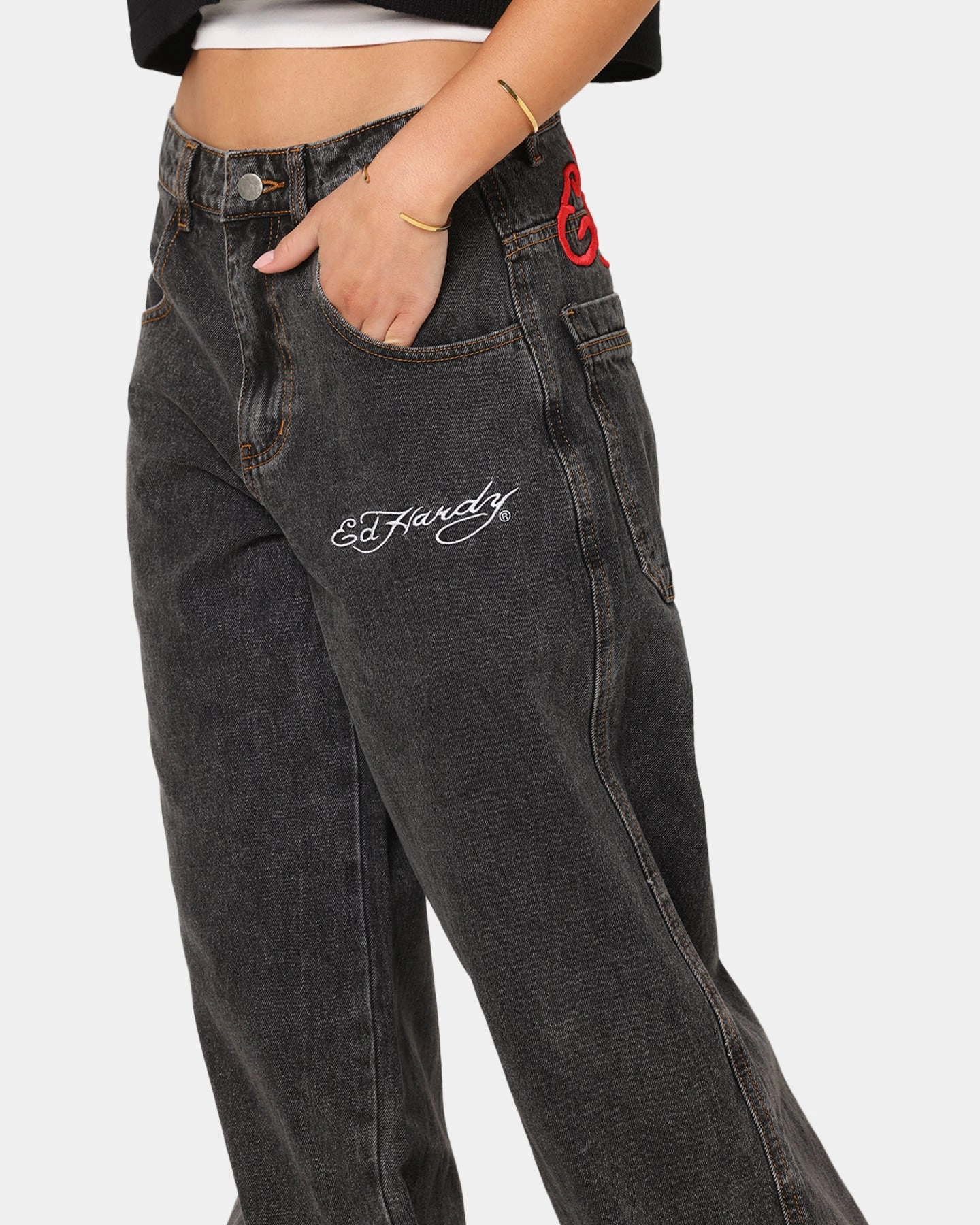 Ed Hardy Wide Leg Jeans Black Chic casual Stretch Layer Fit