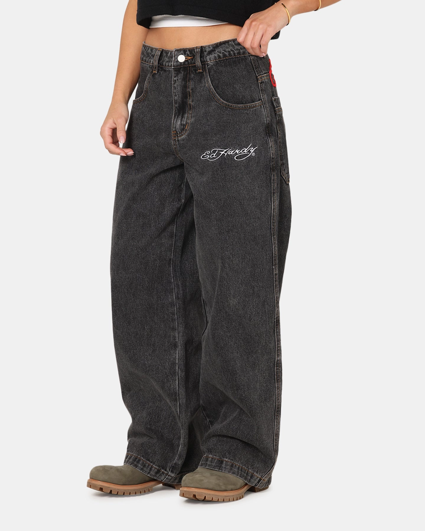 Reinforced Knees Ed Hardy Wide Leg Jeans Black