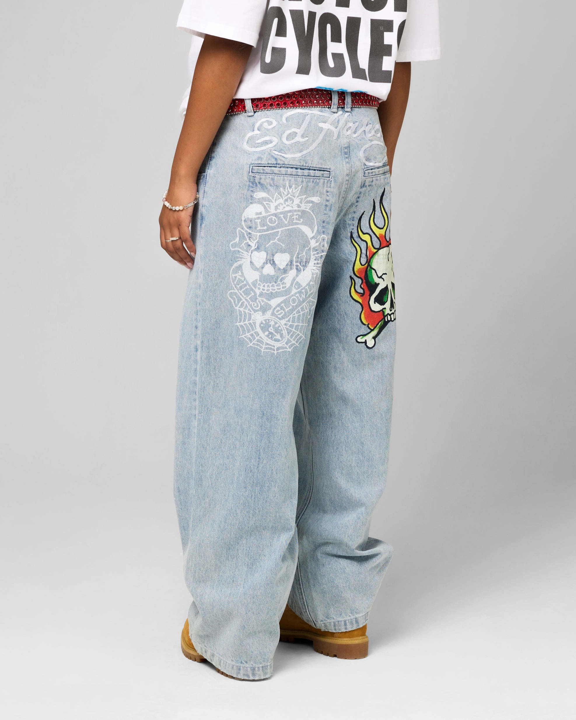 Dressy look AntiStaticFinish Ed Hardy Wide Leg Skull Jeans Light Blue