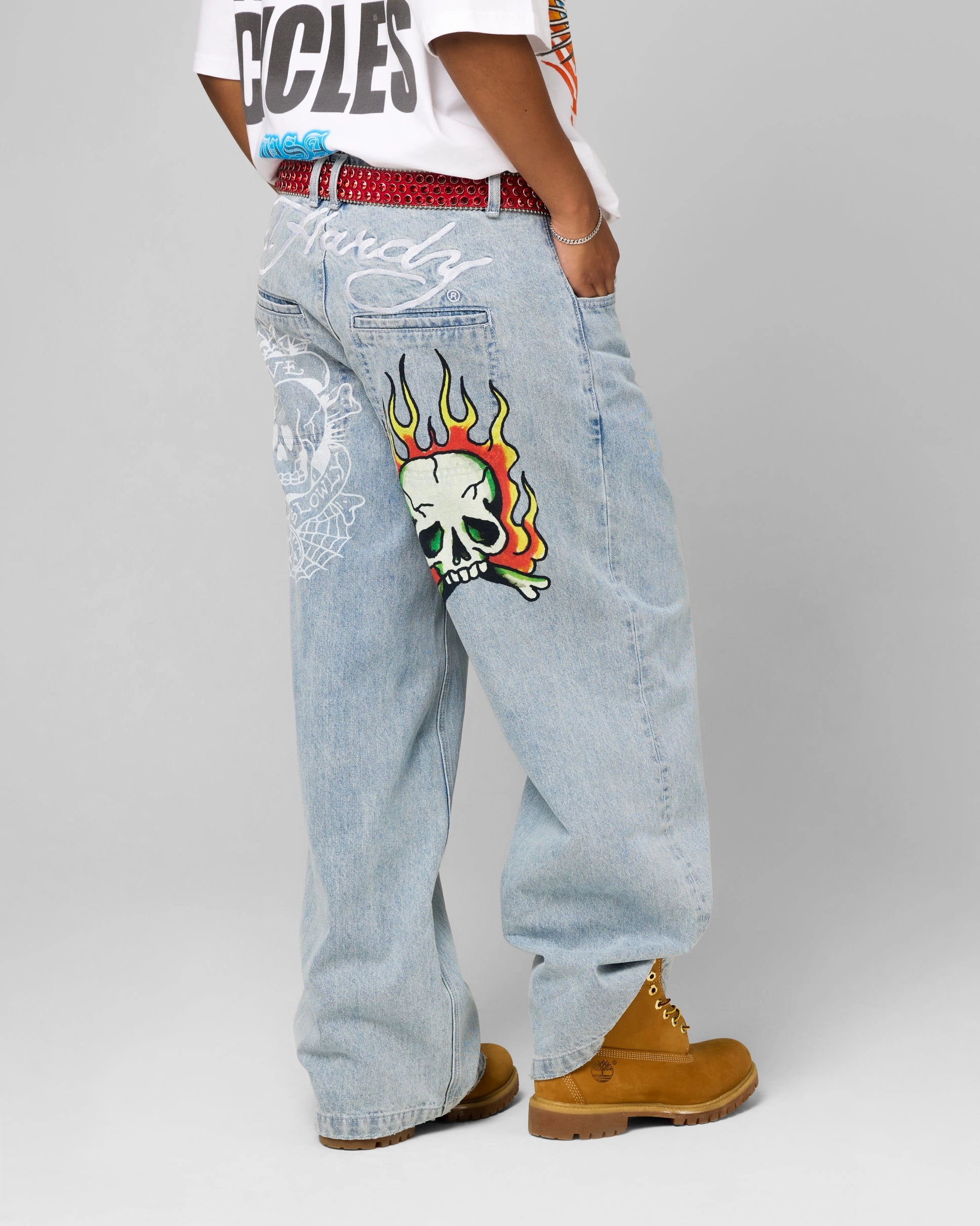 Low Bulk Material Ed Hardy Wide Leg Skull Jeans Light Blue