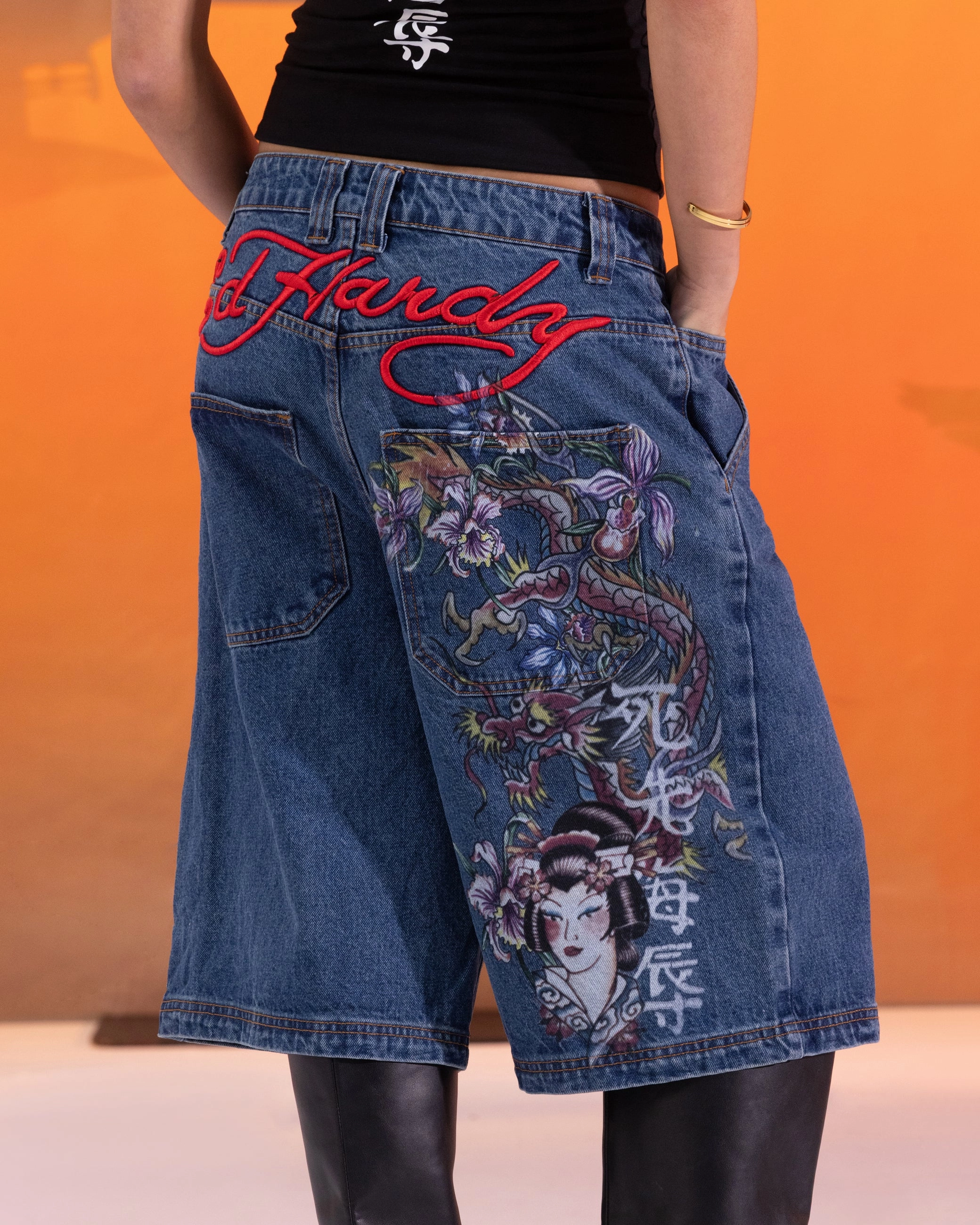 Ed Hardy Women's Death Before Dishonour Jorts Blue Mid Wash Chill Fit