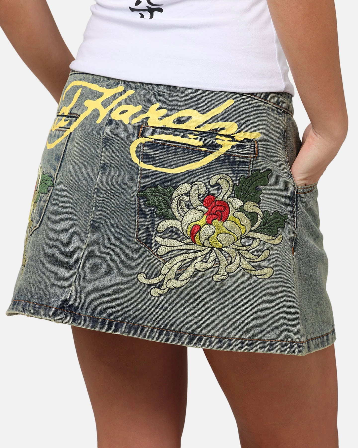 Ed Hardy Women's Flora Denim Mini Skirt Dirty Blue Moisture Lock Technology Wrinkle-Resistant