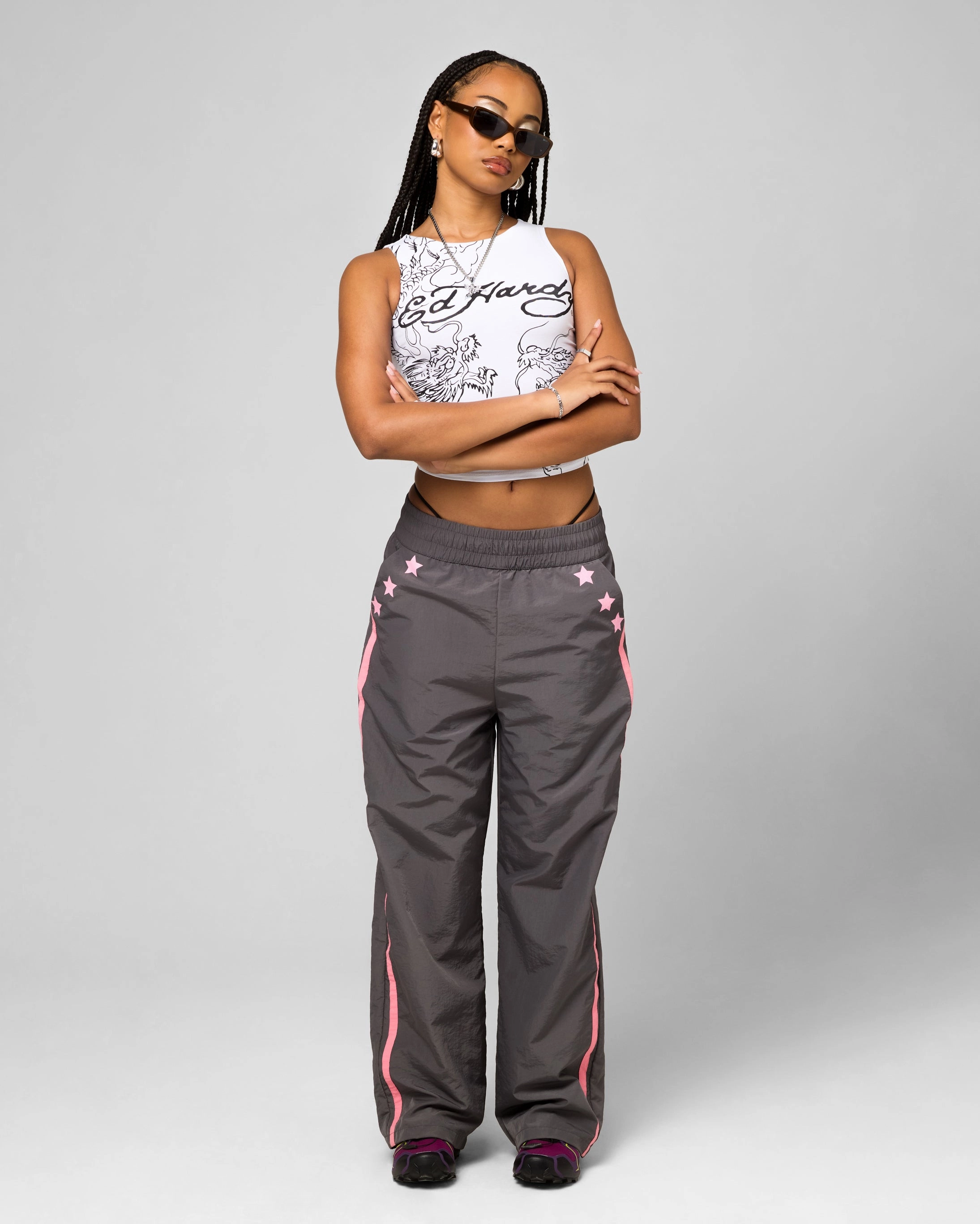 Ed Hardy Women's Nylon Sports Pant Grey/Pink Stretch Flex On The Go