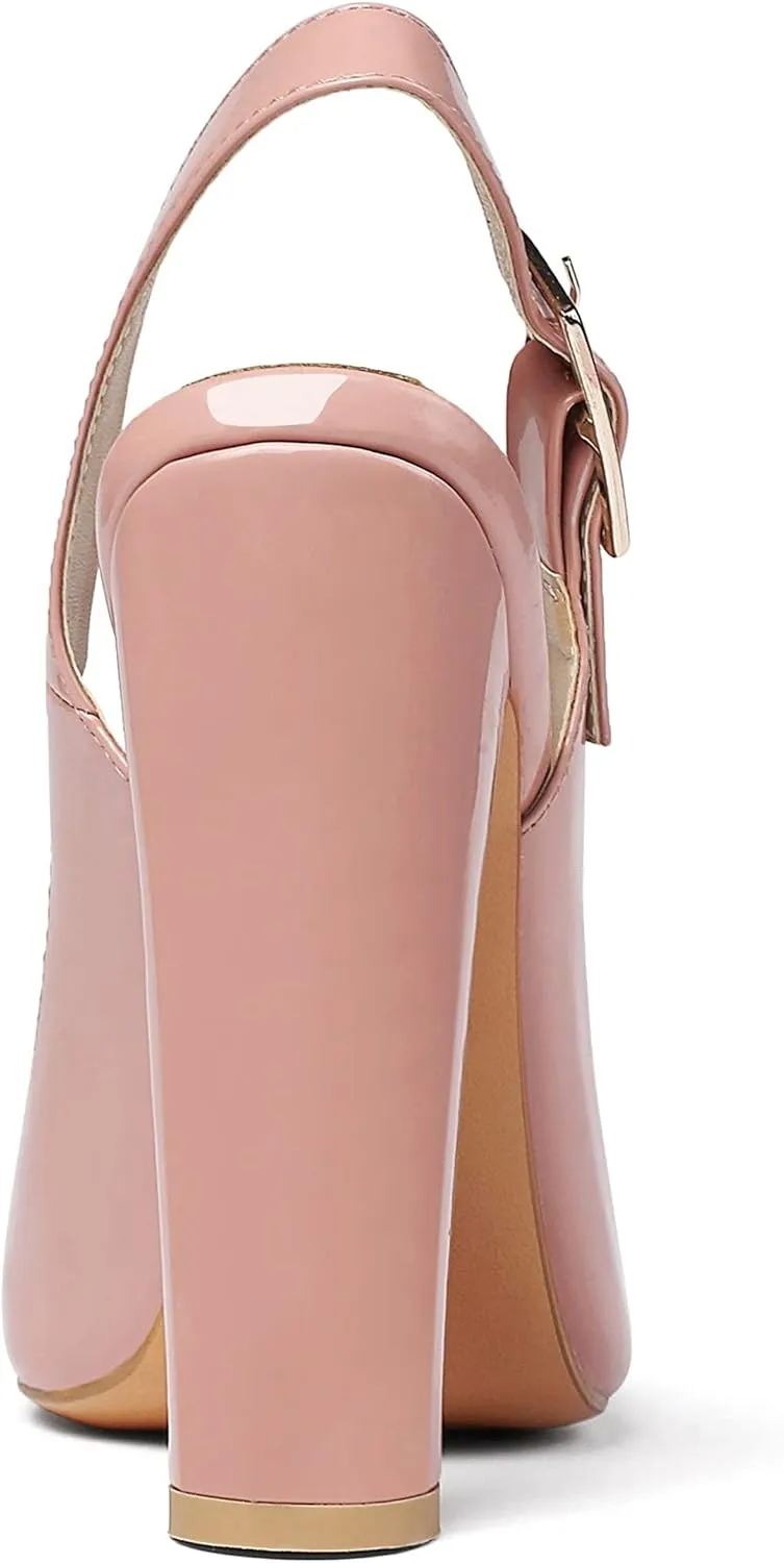 Eldof Women's Slingback Pointed Toe Pumps Ankle Strap Chunky High Heels 4.7" High Block Heel Pumps Dress Shoes