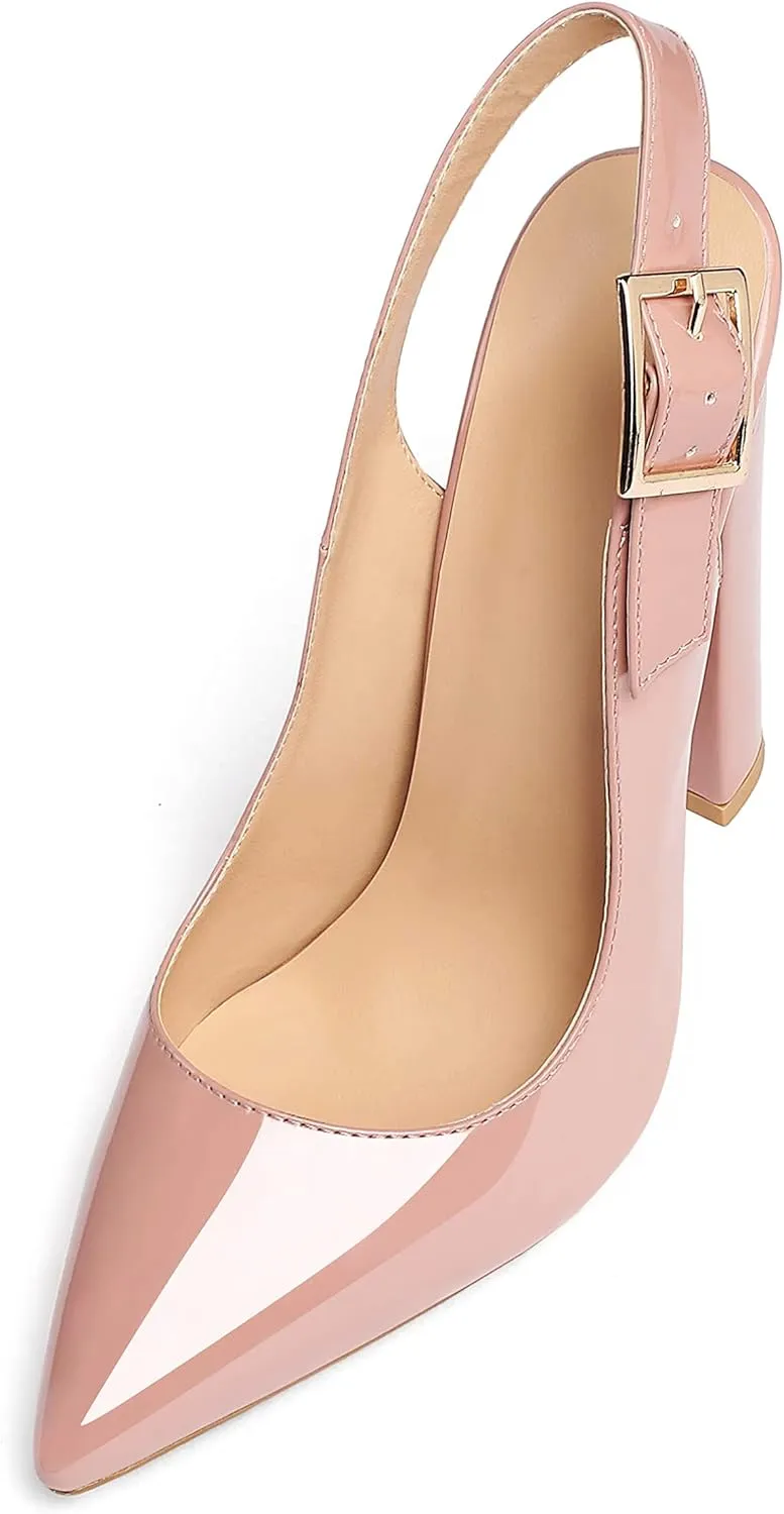 Eldof Women's Slingback Pointed Toe Pumps Ankle Strap Chunky High Heels 4.7" High Block Heel Pumps Dress Shoes