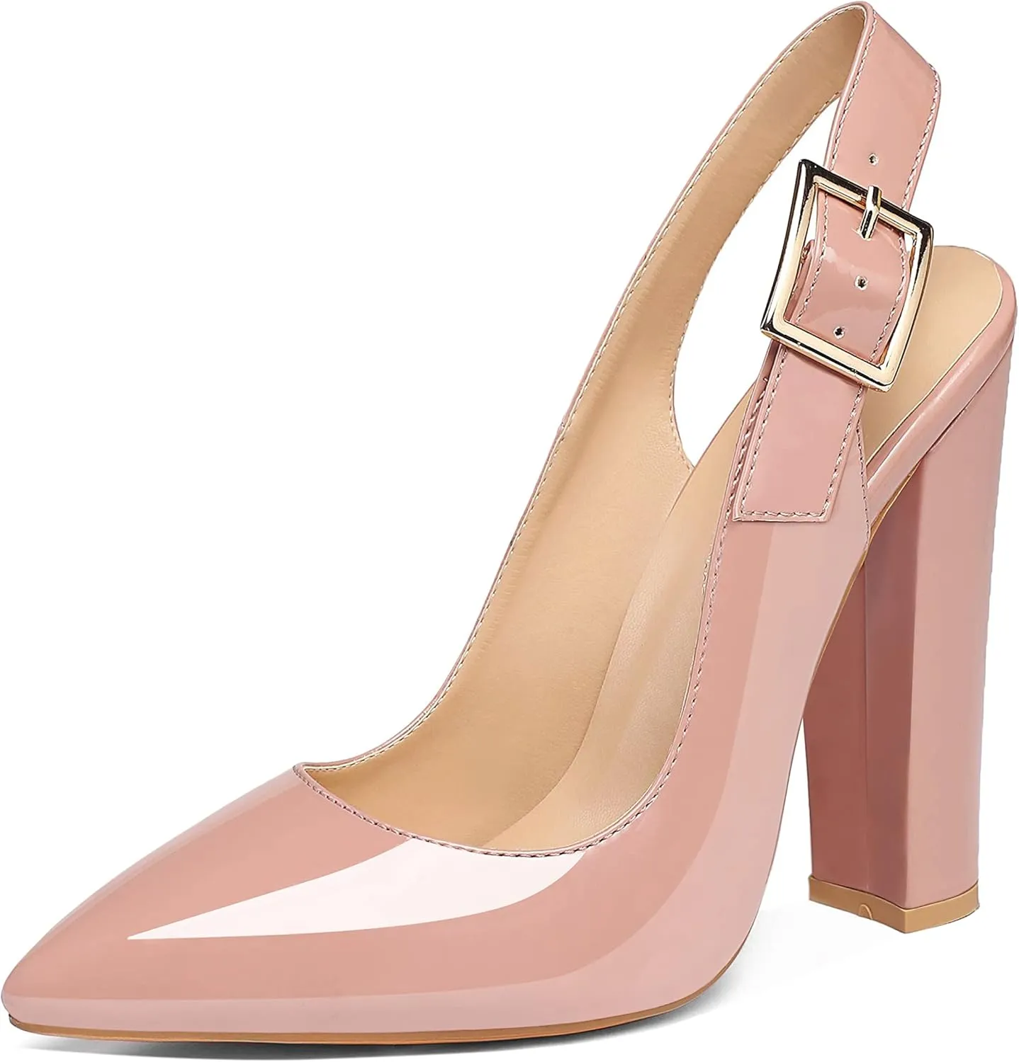 Eldof Women's Slingback Pointed Toe Pumps Ankle Strap Chunky High Heels 4.7" High Block Heel Pumps Dress Shoes