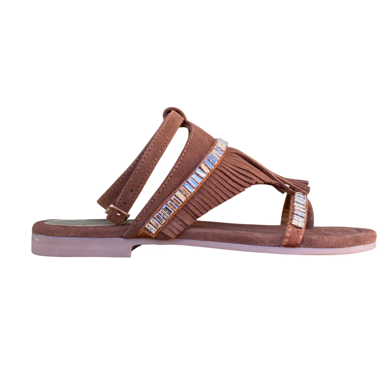 PU Sole Stay Breezy Caf??Noir sandalo infradito  da donna in camoscio con frange e catena strass c1GG5552 M018 marrone
