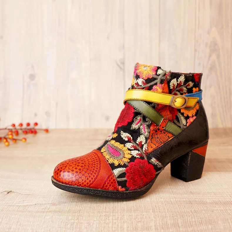 Embossed Leather Stitched Low Heel Ankle boots