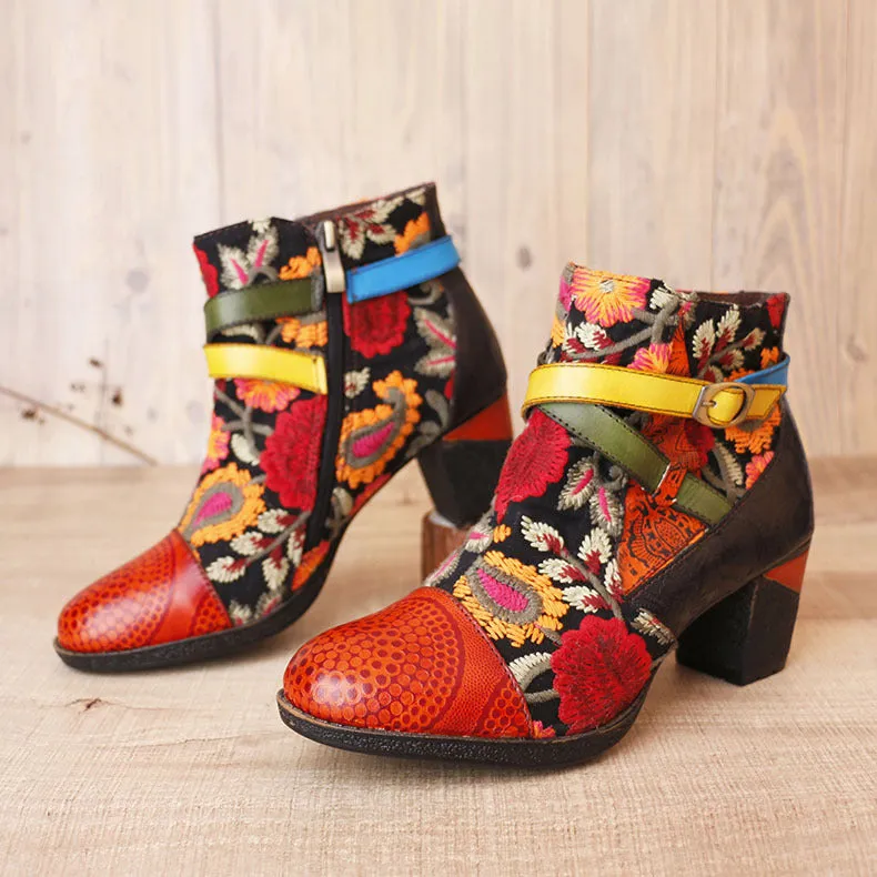 Embossed Leather Stitched Low Heel Ankle boots