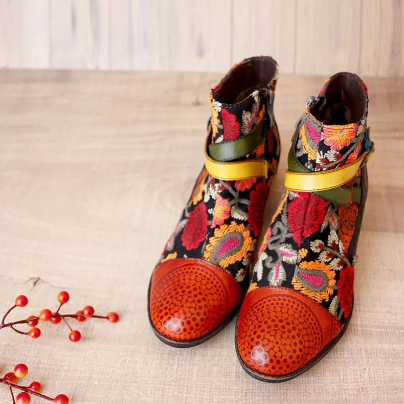 Embossed Leather Stitched Low Heel Ankle boots