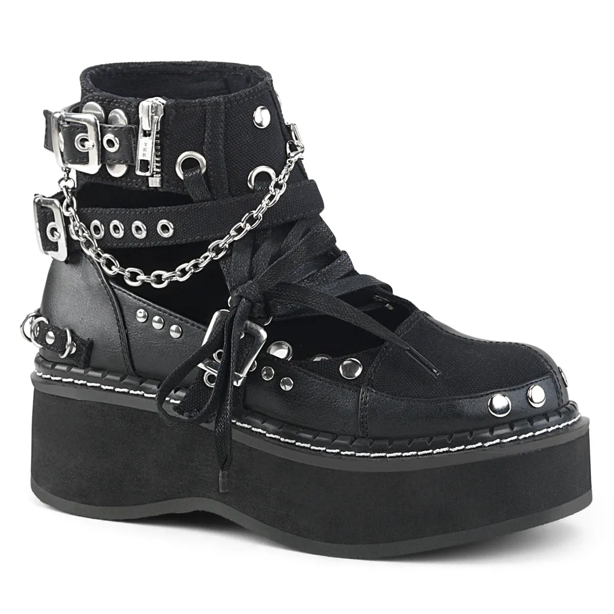 EMILY-317 Demonia Black Canvas-Vegan Leather Women's Ankle Boots [Alternative Footwear]