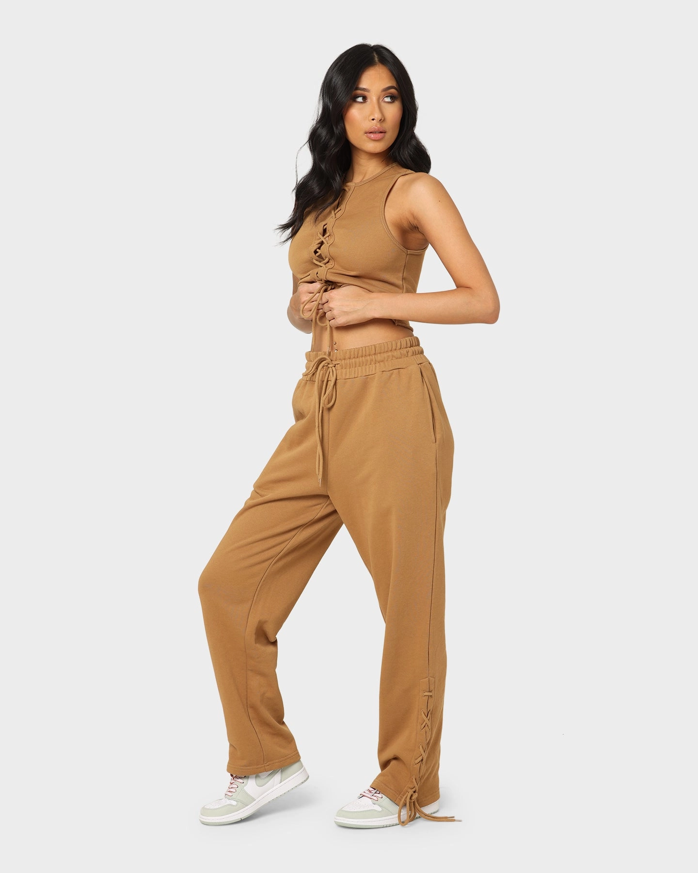 EN ES Women's Mason Lace Up Track Pants Tan Minimal Look breath easy