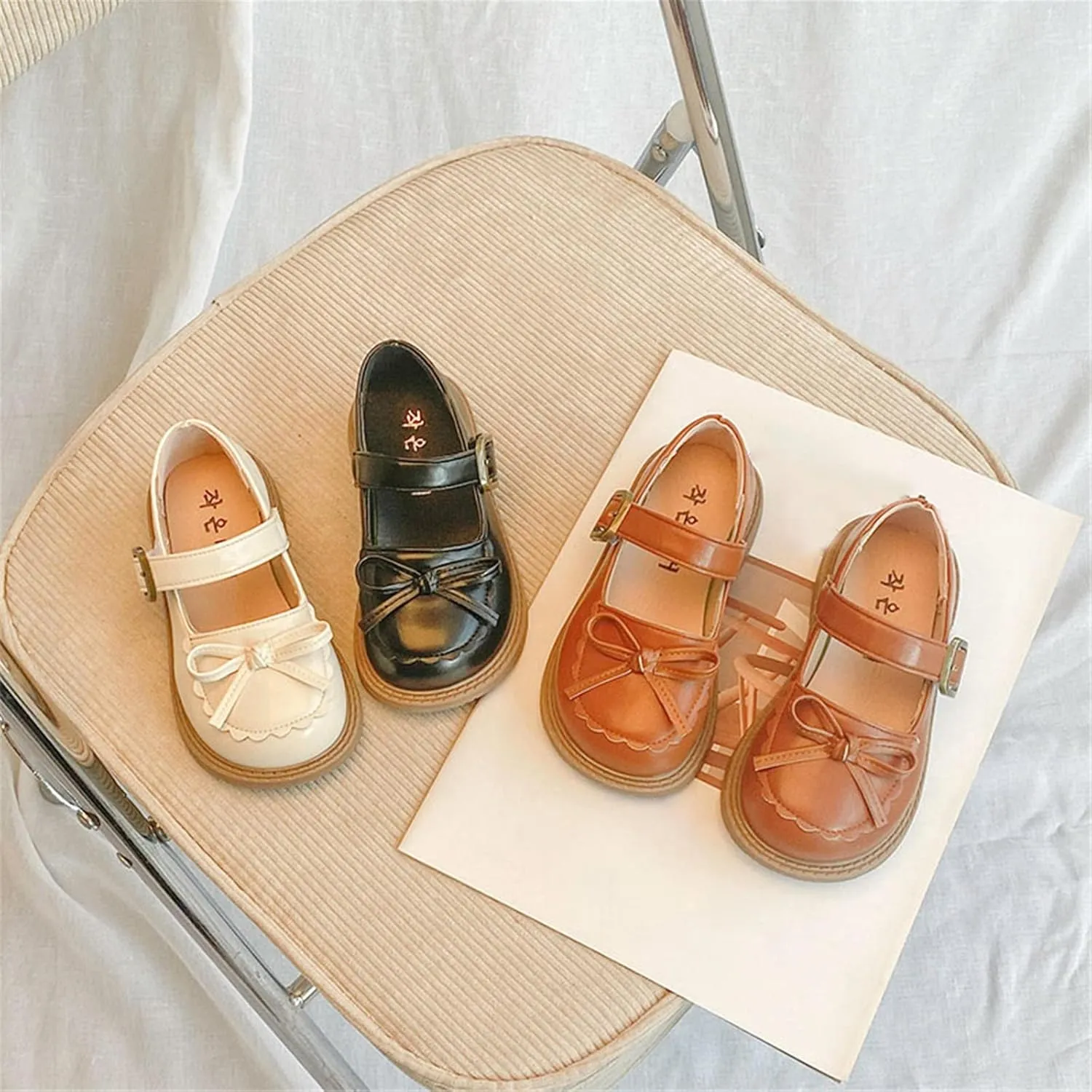 EnJoCho 1 to 12 Years Girls Leather Bow Design Soft Round Toe Princess Dress Flat Shoes Nonslip Shoes Children Princess