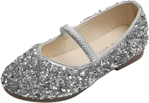 EnJoCho Baby Cute Girls Dress Shoes Shoes for Girls Comfortable PU Flats School Shoes for Mary Jane (Silver-b#wer, 3.5-4 Years)