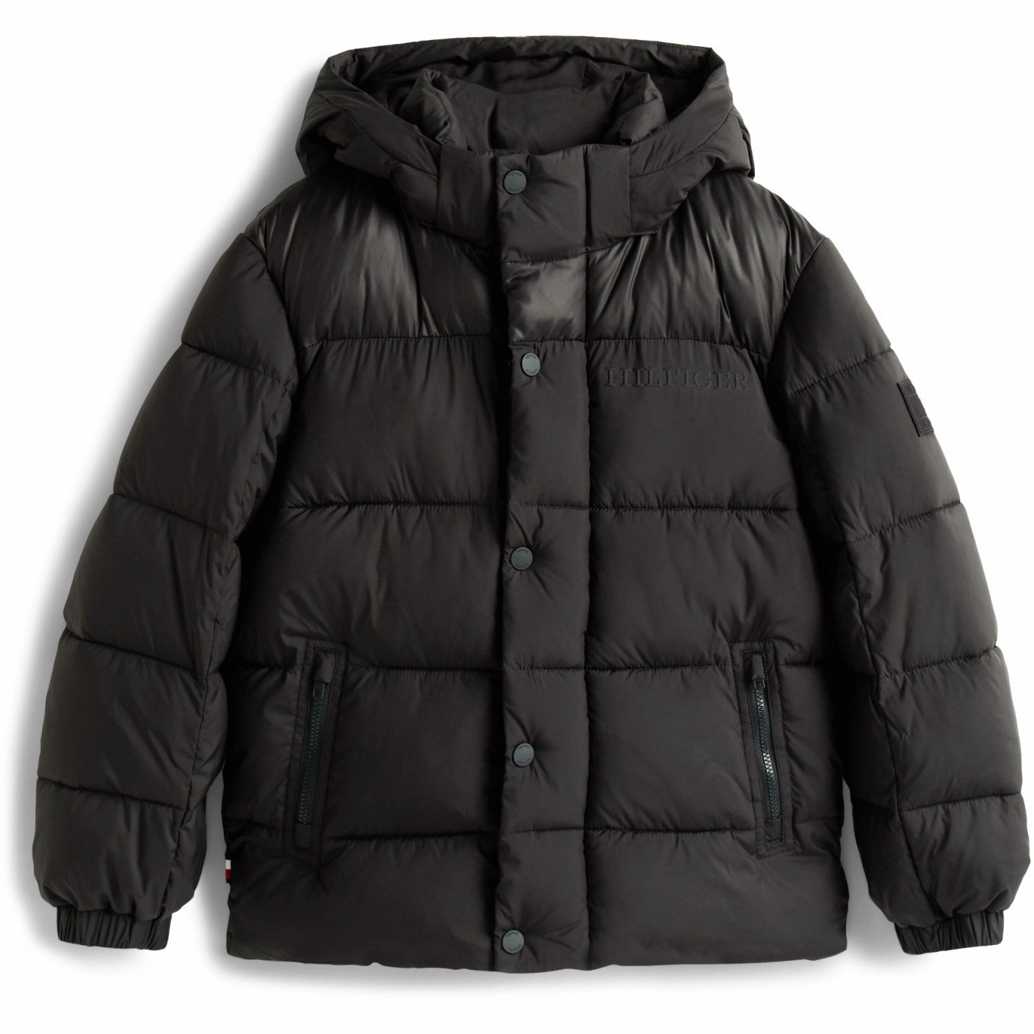 Versatile Style Cold Weather Tommy Hilfiger Black Matt And Shine Embossed Jacket