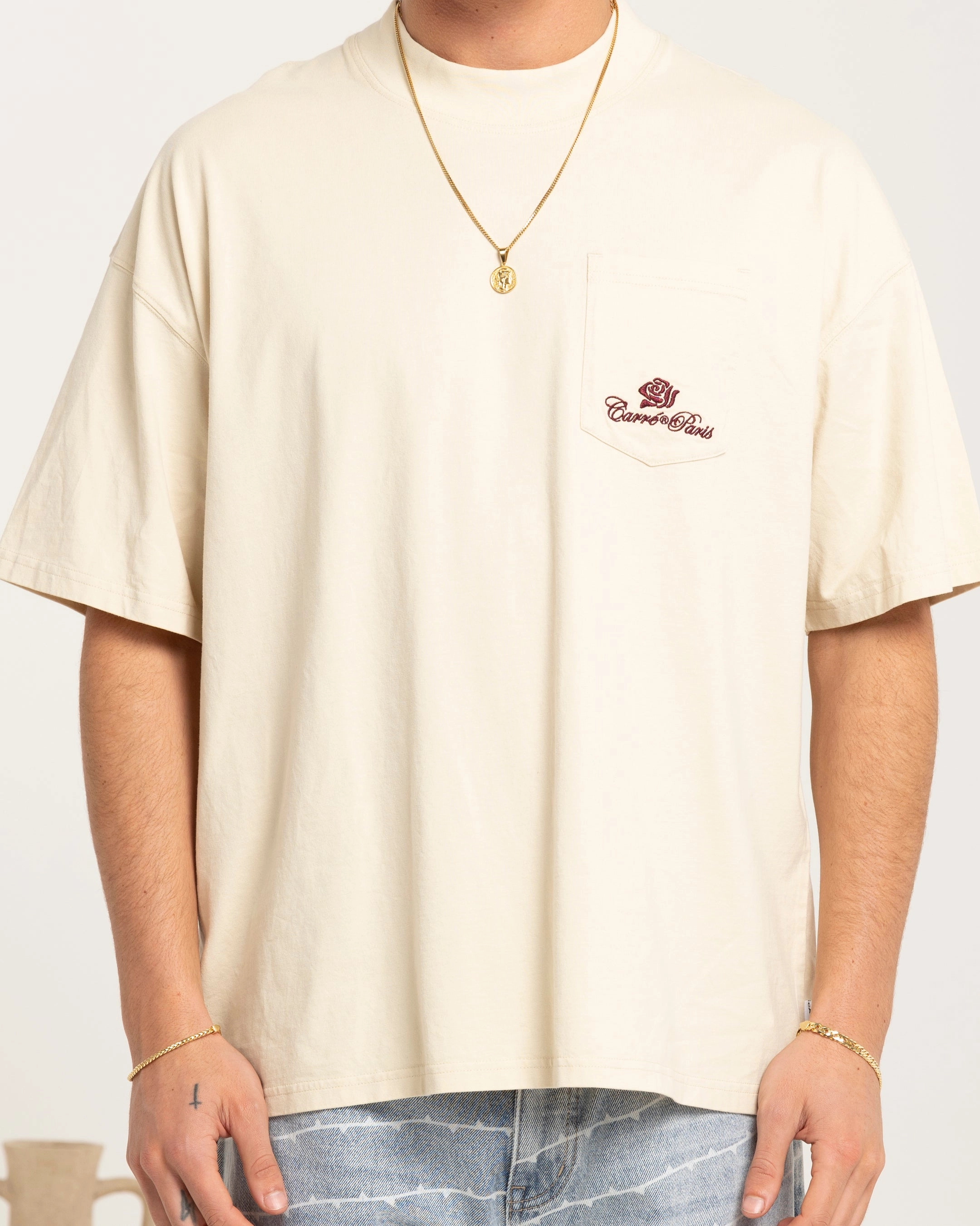 Carre Class Oversized Pocket T-Shirt Light Stone Sports Apparel Heavyweight Weave