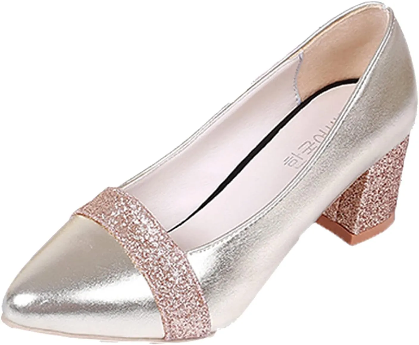 Fashion Autumn Women Casual Shoes Thick Heel Medium Heel Pointed Toe Colorblock Sequins Wide Womens Casual Shoes (Gold, 7)