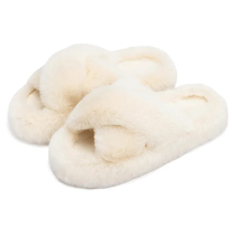 Faux Fur Cross Band Slippers – Elegant Design with Cozy Comfort