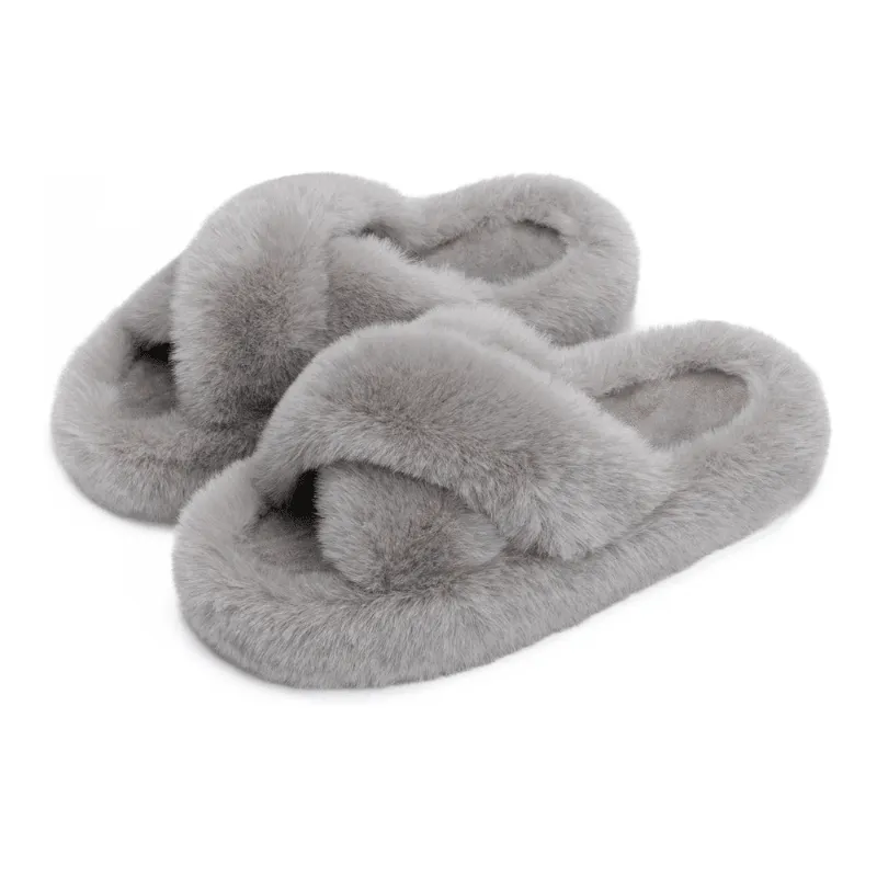 Faux Fur Cross Band Slippers – Elegant Design with Cozy Comfort