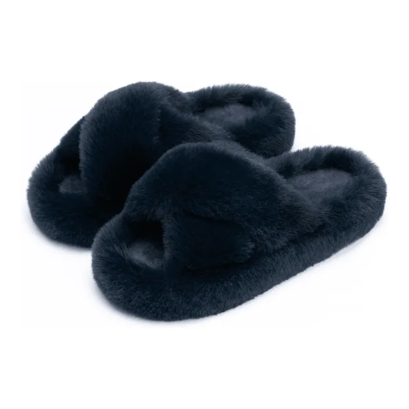 Faux Fur Cross Band Slippers – Elegant Design with Cozy Comfort