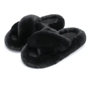 Faux Fur Cross Band Slippers – Elegant Design with Cozy Comfort