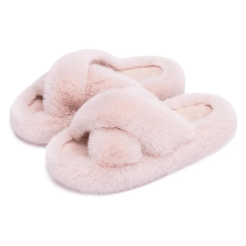 Faux Fur Cross Band Slippers – Elegant Design with Cozy Comfort
