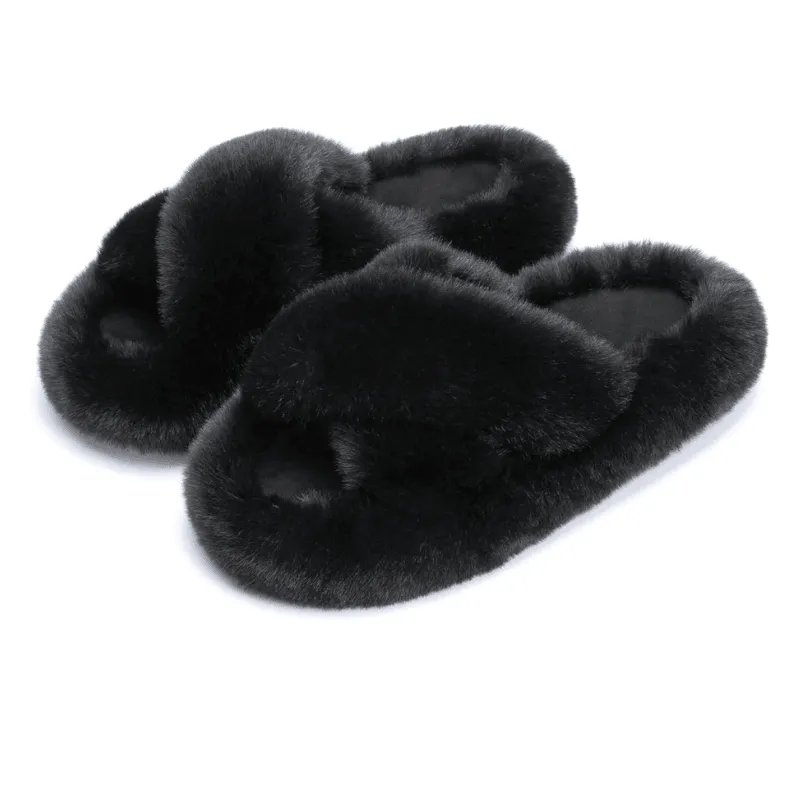 Faux Fur Cross Band Slippers – Elegant Design with Cozy Comfort