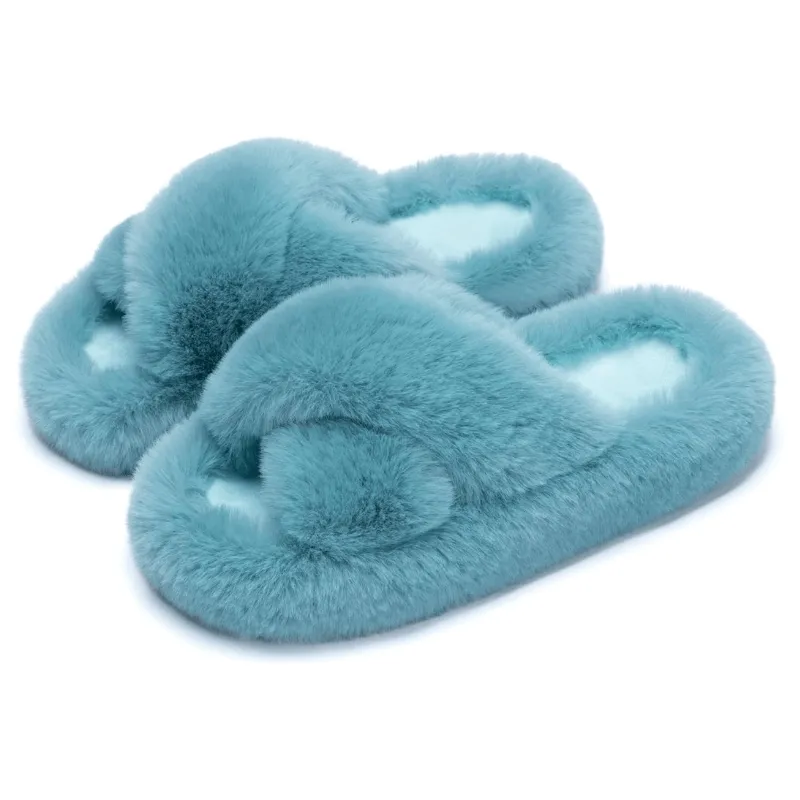 Faux Fur Cross Band Slippers – Elegant Design with Cozy Comfort