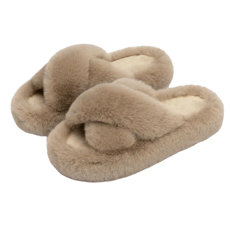 Faux Fur Cross Band Slippers – Elegant Design with Cozy Comfort