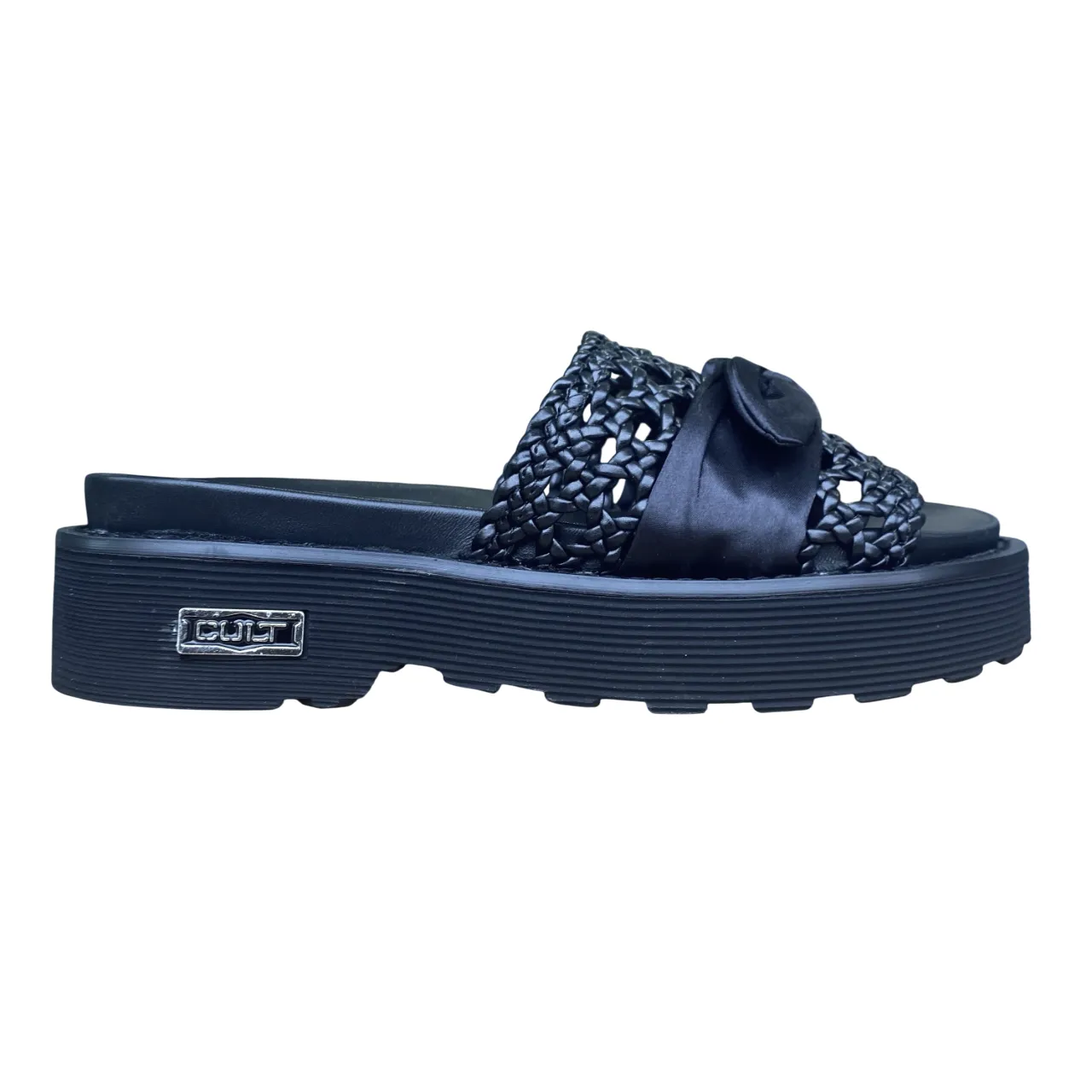 Fashion-Forward Design Cult sandalo flat da donna con fascia in pelle intrecciata e fiocco in reso ZIGGY 4288 nero