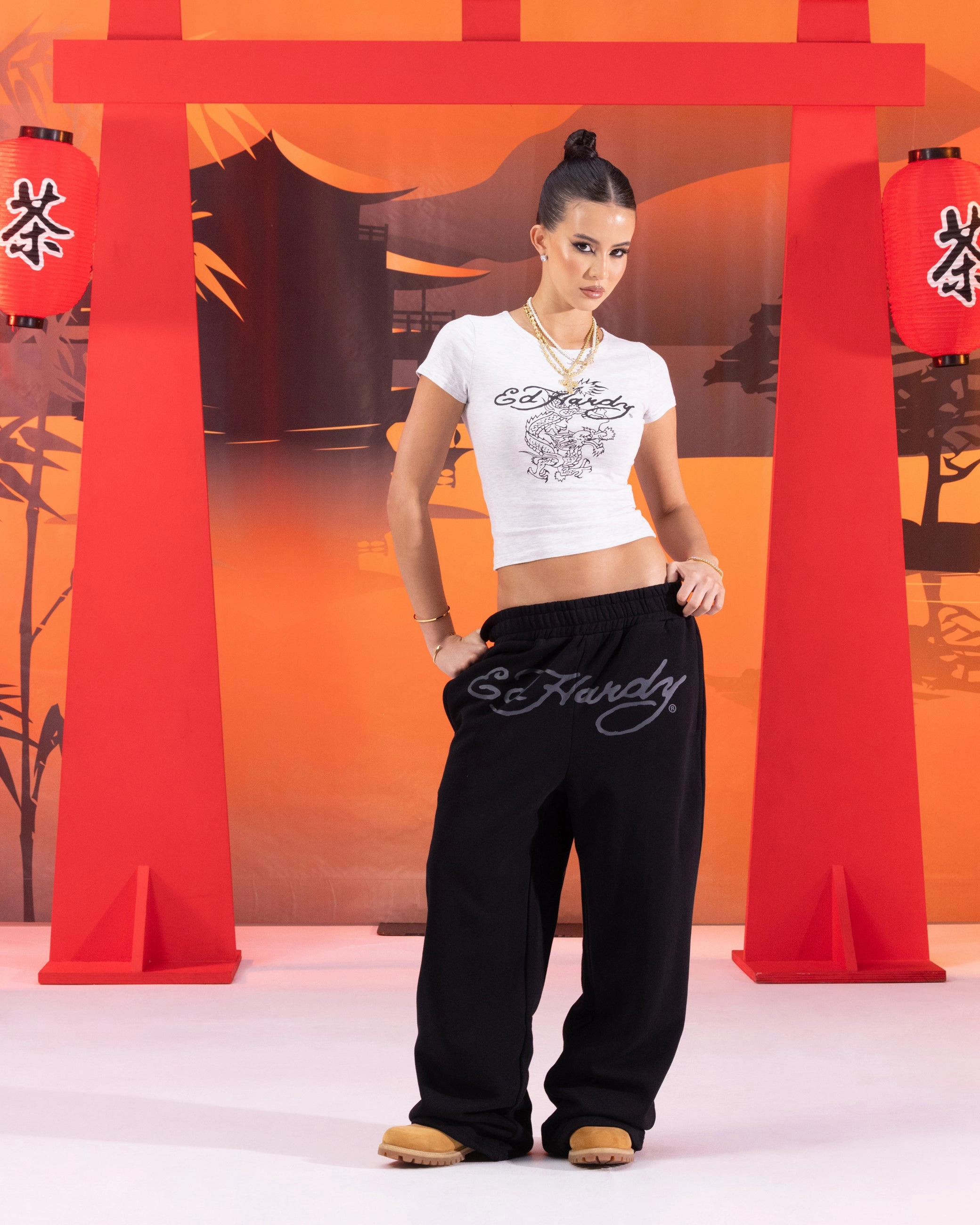 Flat Lock Stitching Casual Vibe Ed Hardy Dragon Trackpants Black