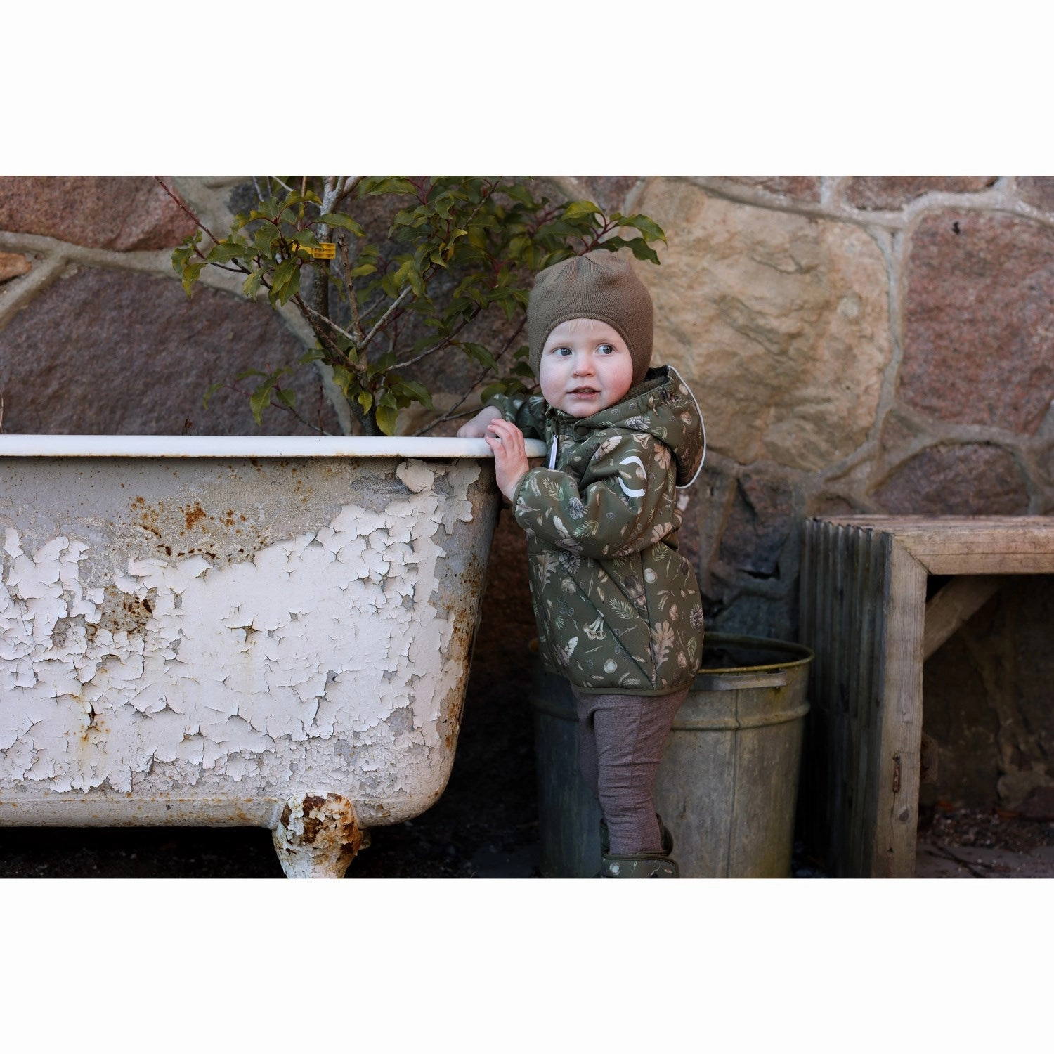 Durable Water Repellent Stand Collar Mikk-Line Burnt Olive Polyester Baby Jacket AOP