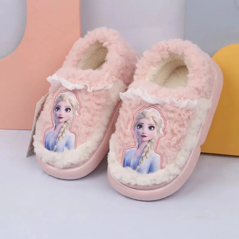 Fluffy Winter Slippers With Princess Elsa Patch
