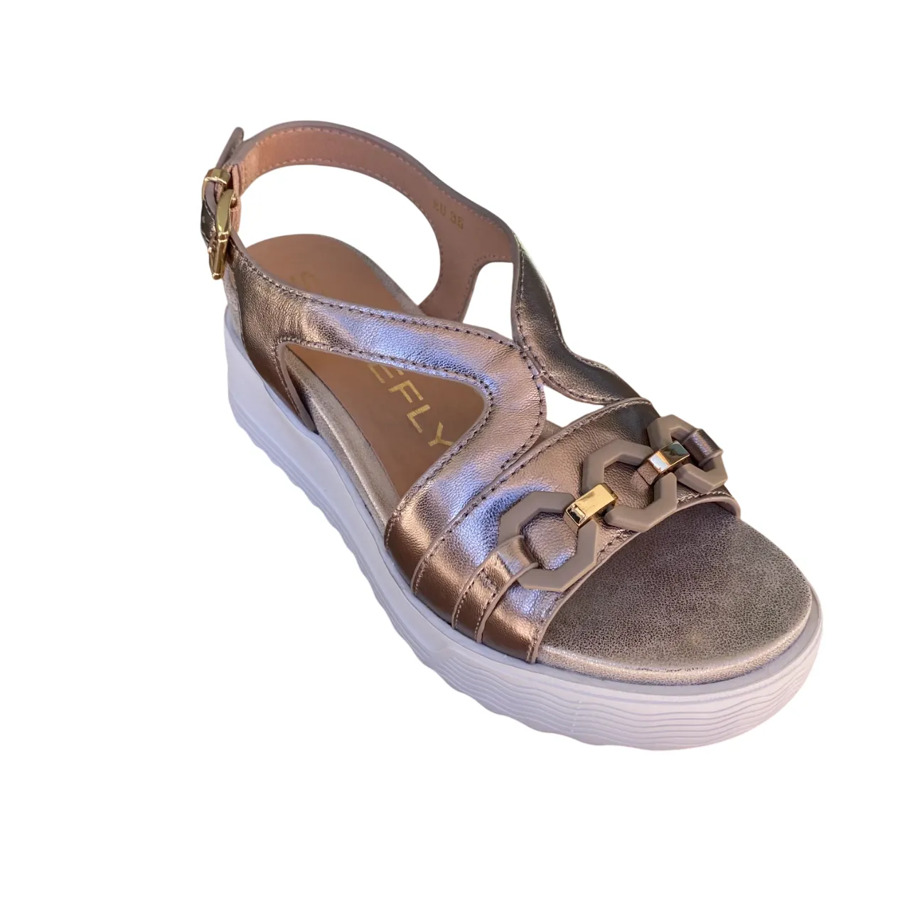 Ergonomic Toe Post Design Cushioned Collar Padding Stonefly sandalo da donna in pelle laminata con zeppa Parky 31 222407 Z00 oro