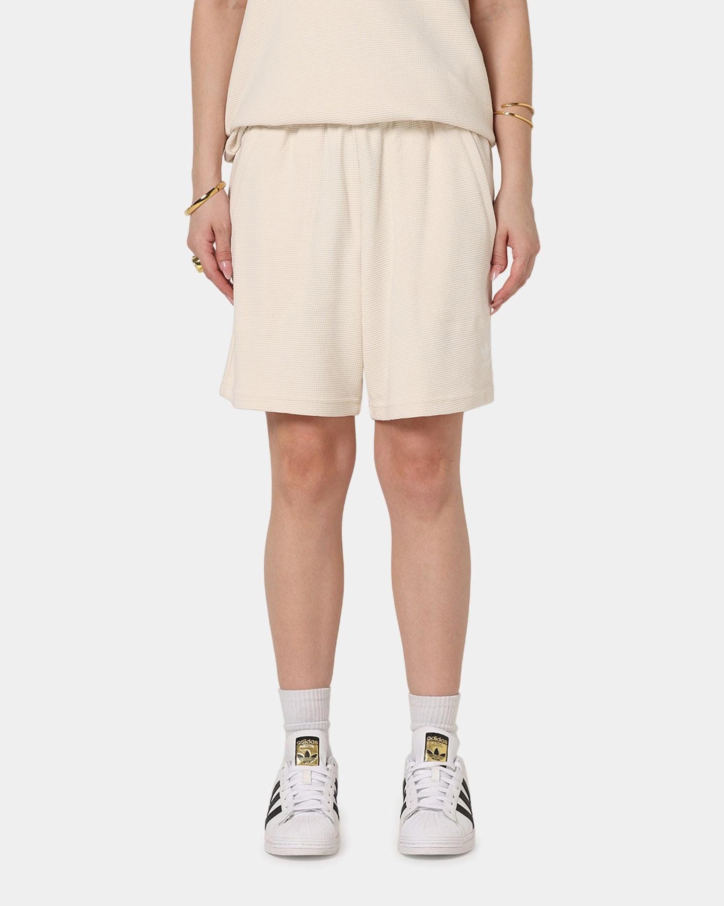 Adidas Trefoil Essentials Waffle Shorts Wonder White WrinkleResistantMaterial Soft Feel