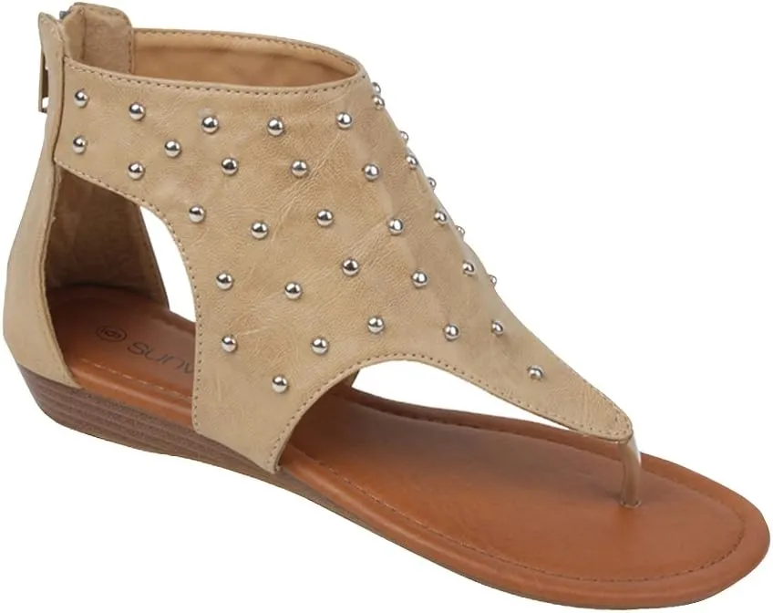 G8A1013S Women's Sandals Roman Gladiator Studded Flat T Strap Thong Back Zipper