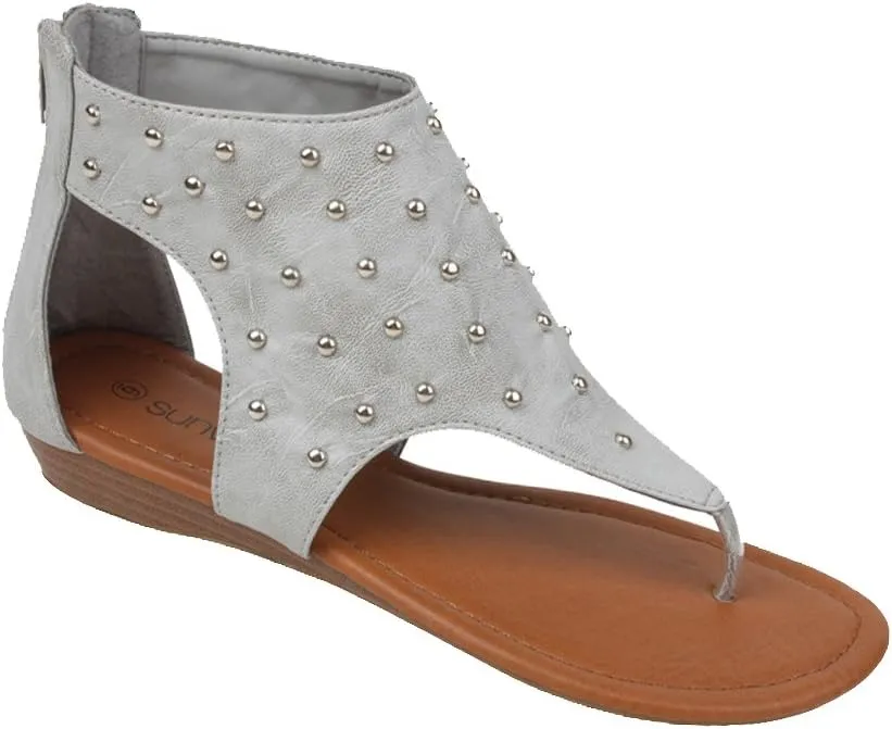 G8A1013S Women's Sandals Roman Gladiator Studded Flat T Strap Thong Back Zipper