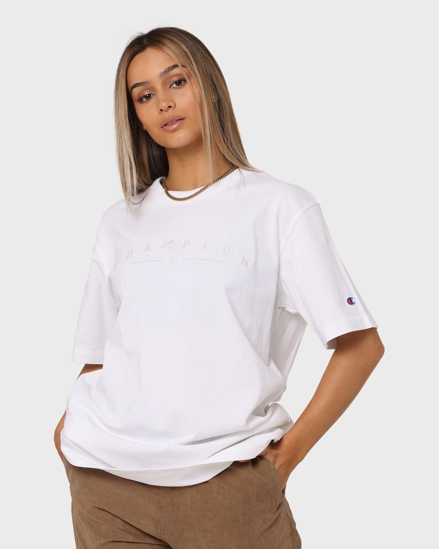 Champion Women's Hi-Tech 2K Oversized T-Shirt White Comfy Fit Layer Seasonal Layer