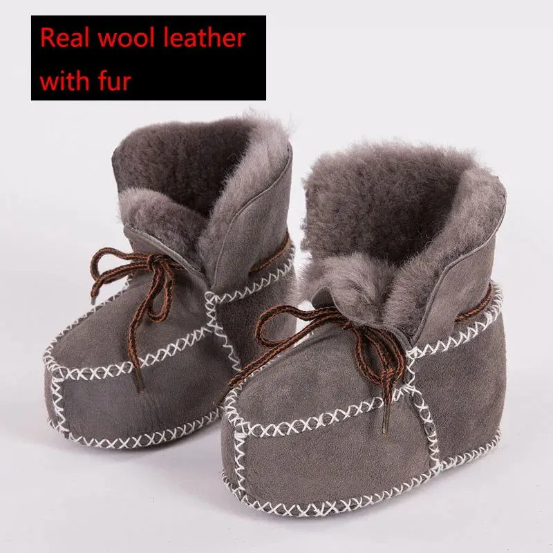 Genuine Leather Plush Wool Fur First Walker Moccasins Boots