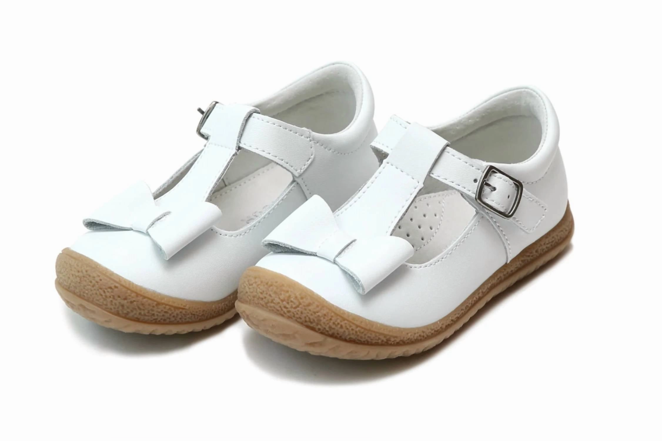 Odor Resistant Insole Arch Support Construction Girl's Emma Bow T-Strap Shoes In White