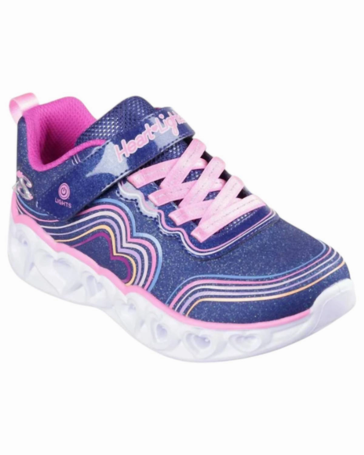 Girl's Heart Lights Retro Hearts Sneakers In Navy Multi Flexible Rubber Sole