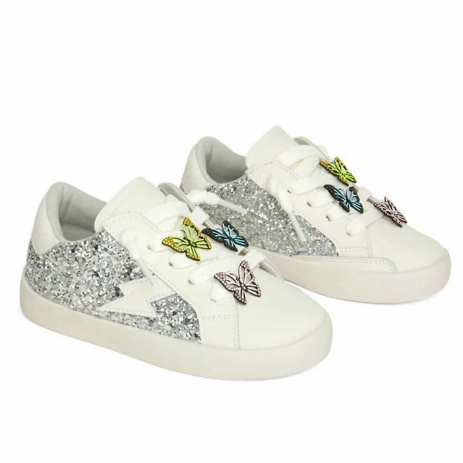 Lightweight Cushioned Sole Girl's Mariposa Charm Sneakers In White Silver