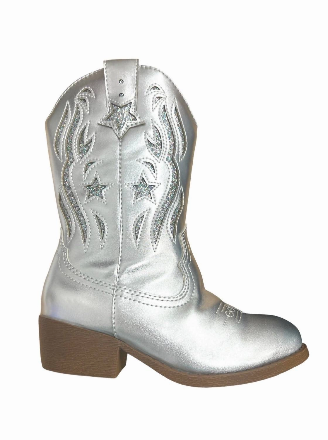 TPUOutsole Functional shock absorption Girl's Spur Metallic Western Boots In Silver