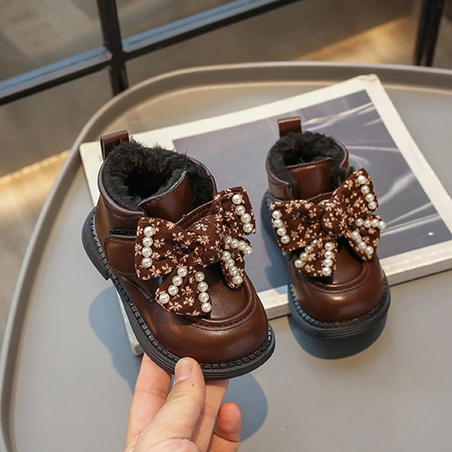 Girls Ankle Boots Sweet Bow Soft Sole Flat Booties Thick Plush Soft Sole Leather Non Slip Walking 7 by Boots