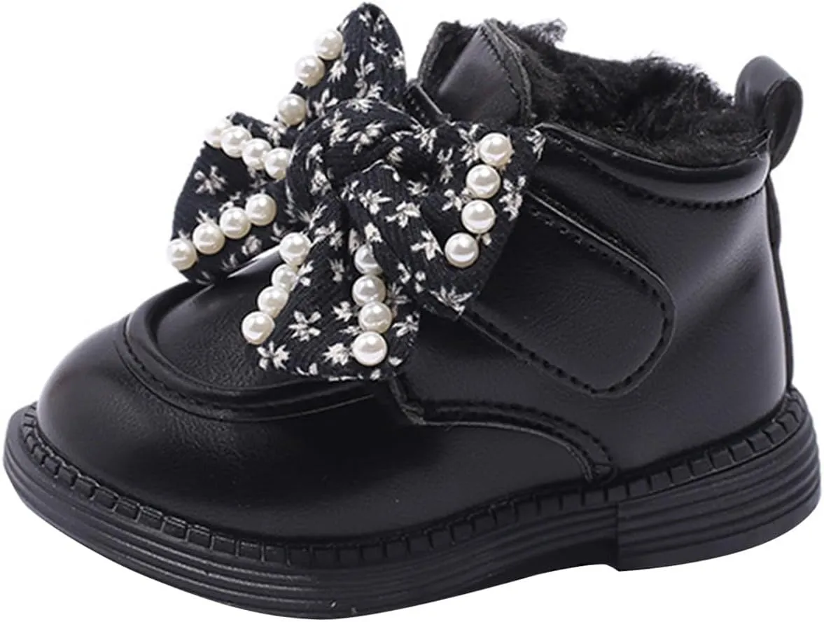 Girls Ankle Boots Sweet Bow Soft Sole Flat Booties Thick Plush Soft Sole Leather Non Slip Walking 7 by Boots