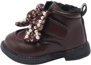 Girls Ankle Boots Sweet Bow Soft Sole Flat Booties Thick Plush Soft Sole Leather Non Slip Walking 7 by Boots