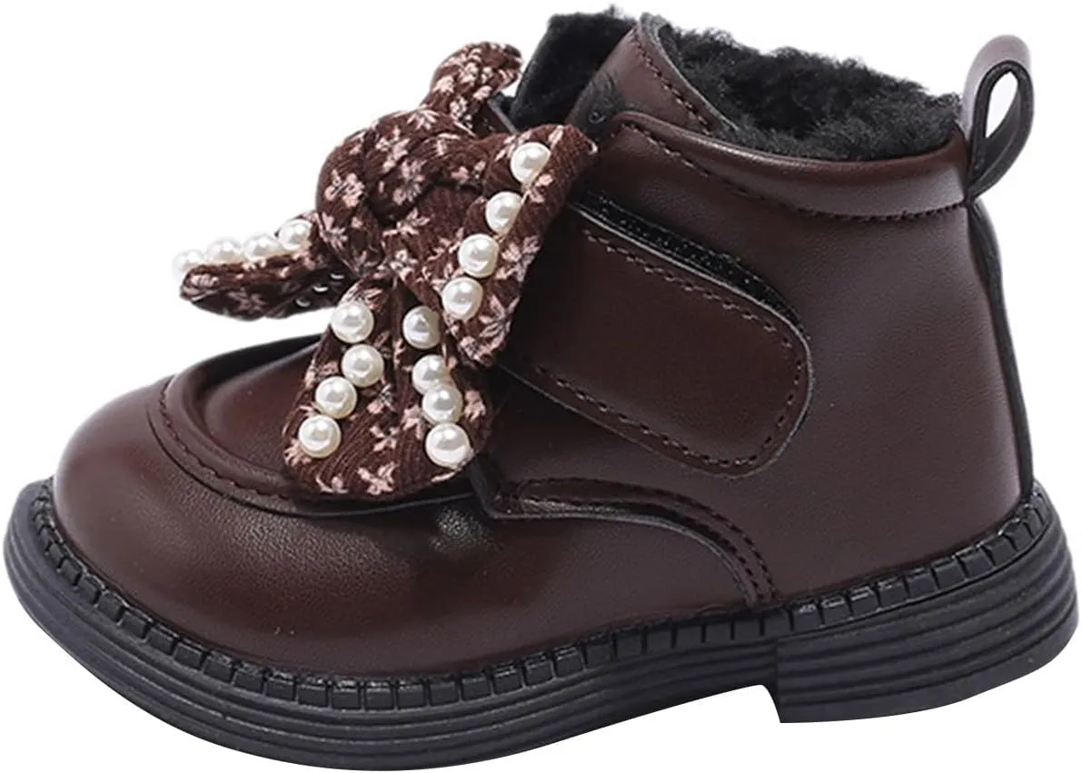 Girls Ankle Boots Sweet Bow Soft Sole Flat Booties Thick Plush Soft Sole Leather Non Slip Walking 7 by Boots