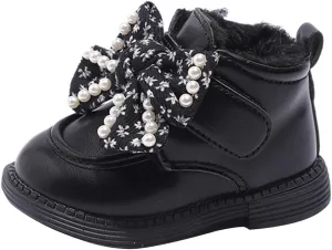 Girls Ankle Boots Sweet Bow Soft Sole Flat Booties Thick Plush Soft Sole Leather Non Slip Walking 7 by Boots