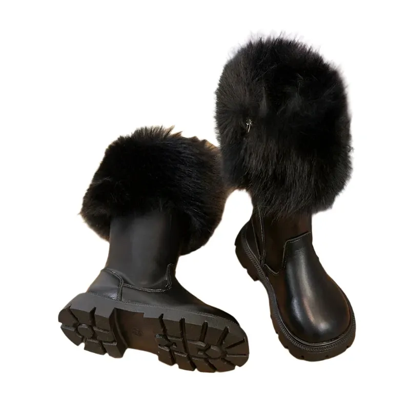 Girls High Boots Plush Cotton Beige & Black - New Autumn/Winter Side Zipper Leather Boots for Children - Warm & Chic Fashion