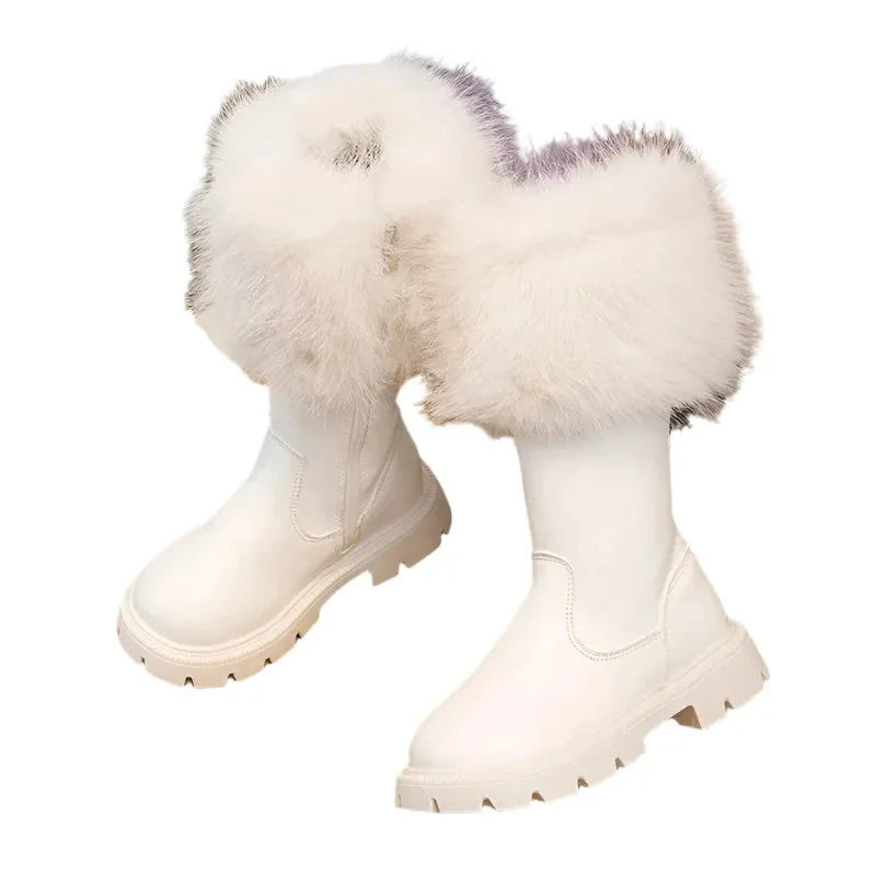 Girls High Boots Plush Cotton Beige & Black - New Autumn/Winter Side Zipper Leather Boots for Children - Warm & Chic Fashion